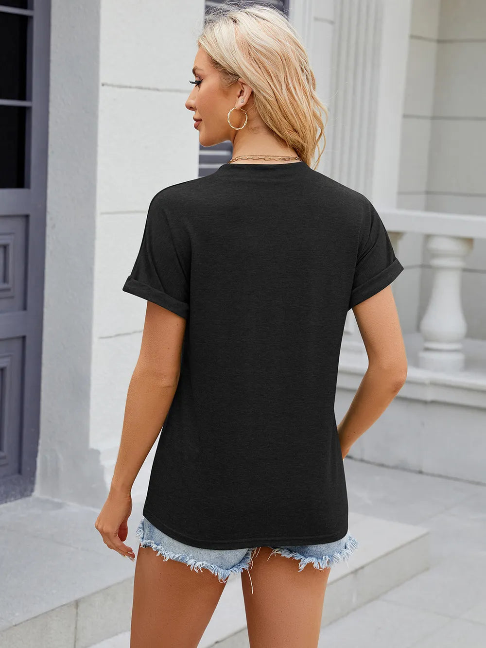 Solid color V-neck button loose short sleeved T-shirt top