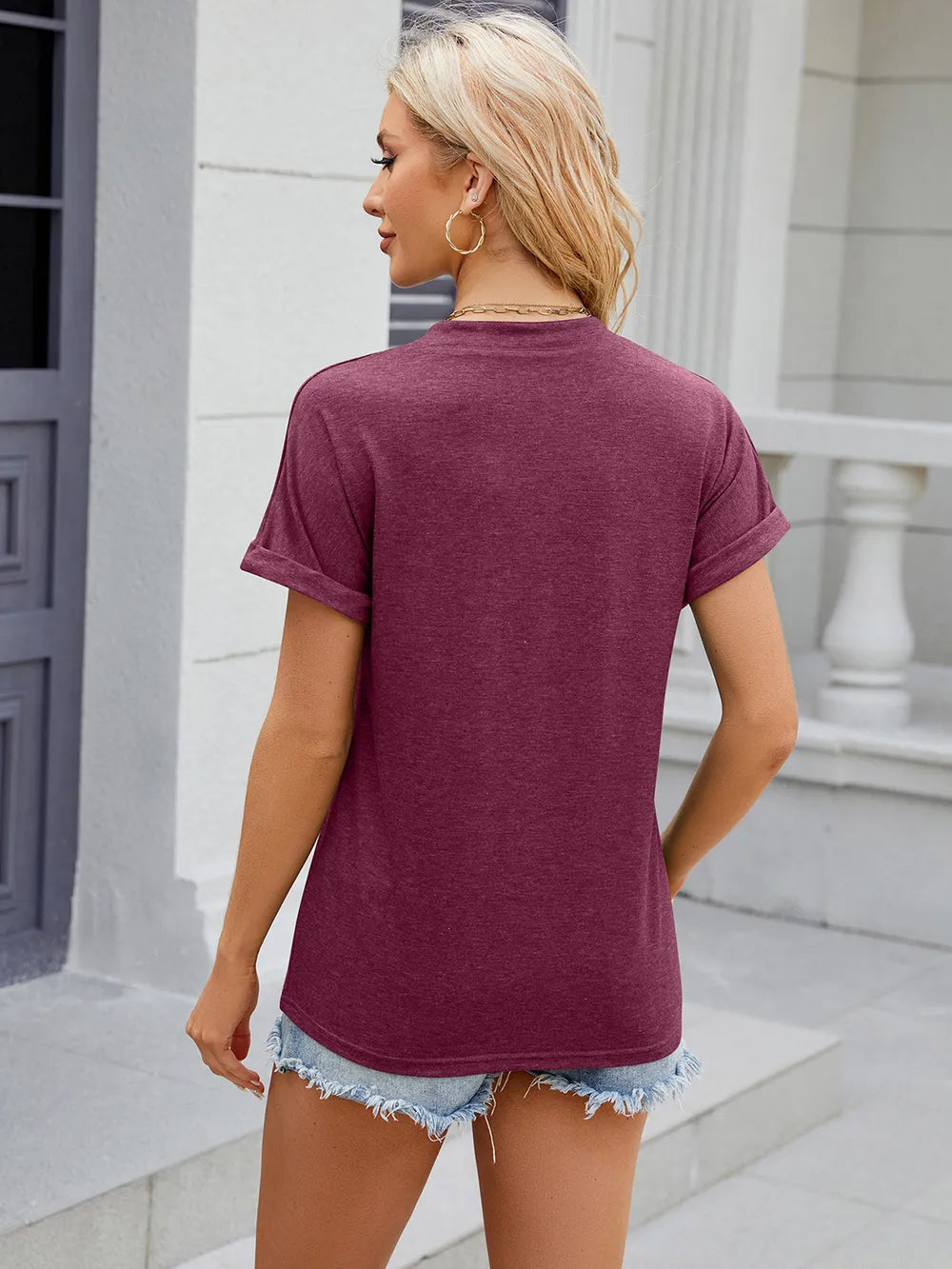 Solid color V-neck button loose short sleeved T-shirt top